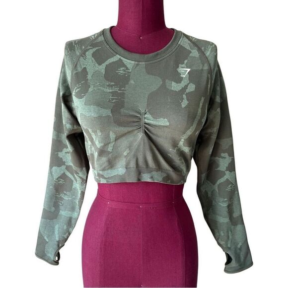 Gymshark ADAPT CAMO SEAMLESS LONG SLEEVE CROP TOP size XL Green - Picture 3 of 9